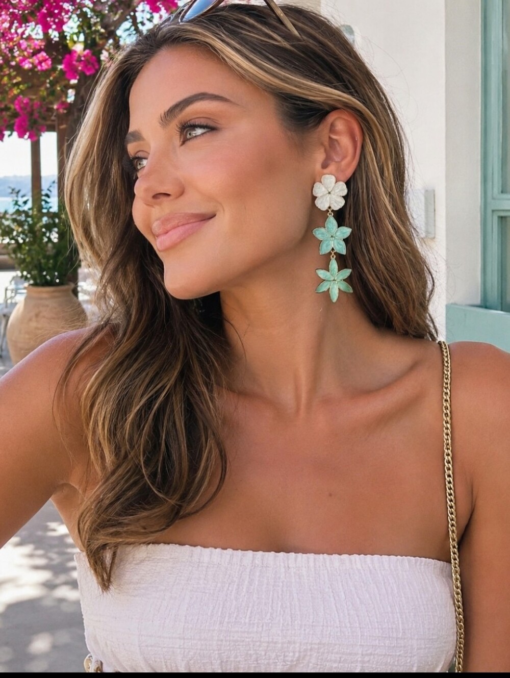 BAUBLEBAR Off In Paradise Floral Drop Earrings Mint Green White Gold Tone Boho